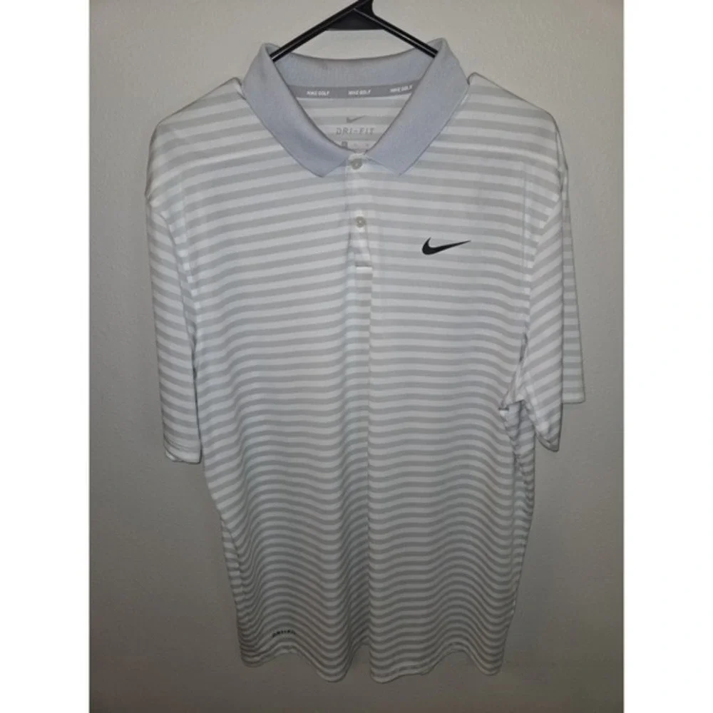 Nike‎ Golf Polo Shirt Mens Extra Large Dri-Fit Light Gray Stripe Swoosh Collared